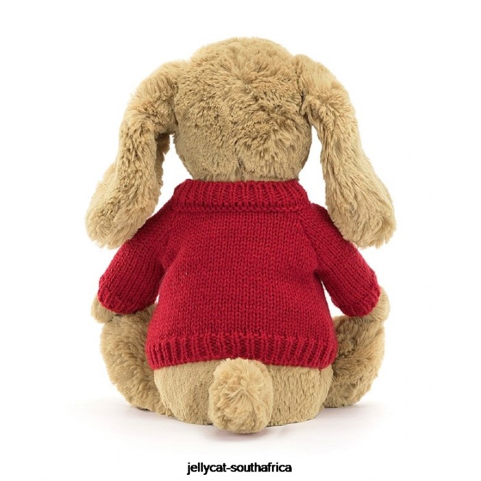 158 Toy Bashful Toffee Puppy with Personalised Red Jumper Beige Jellycat