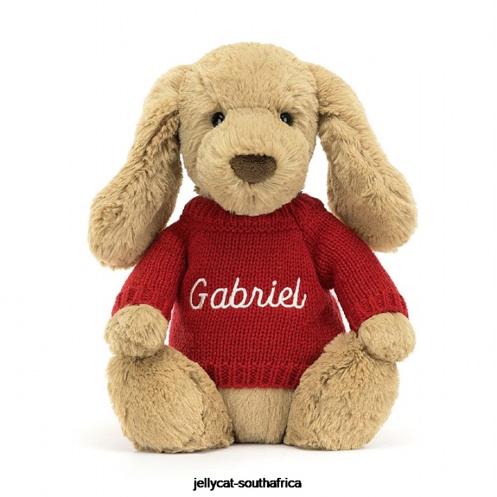158 Toy Bashful Toffee Puppy with Personalised Red Jumper Beige Jellycat