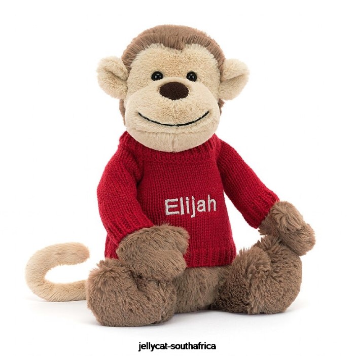189 Toy Bashful Monkey with Personalised Red Jumper Brown Jellycat