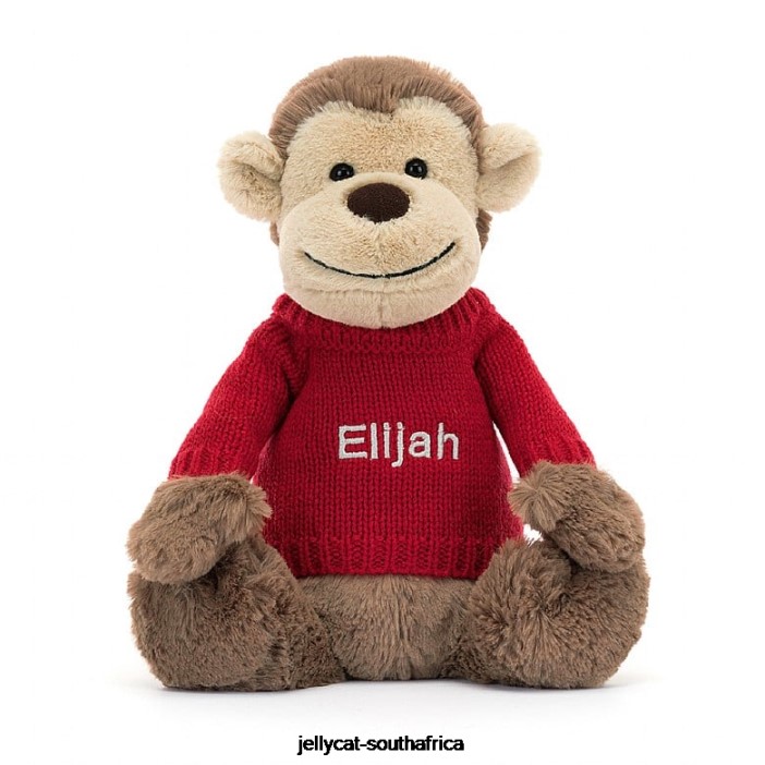 189 Toy Bashful Monkey with Personalised Red Jumper Brown Jellycat