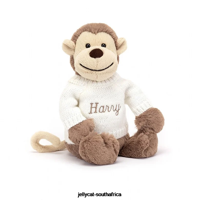 191 Toy Bashful Monkey with Personalised Cream Jumper Brown Jellycat
