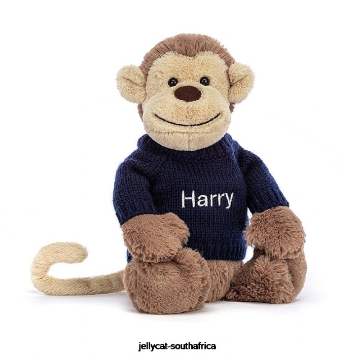 192 Toy Bashful Monkey with Personalised Navy Jumper Brown Jellycat