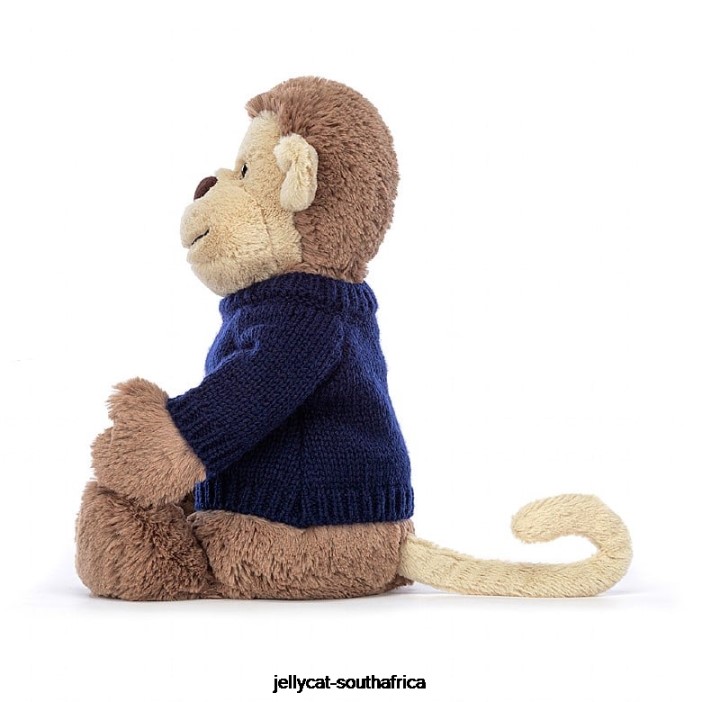 192 Toy Bashful Monkey with Personalised Navy Jumper Brown Jellycat