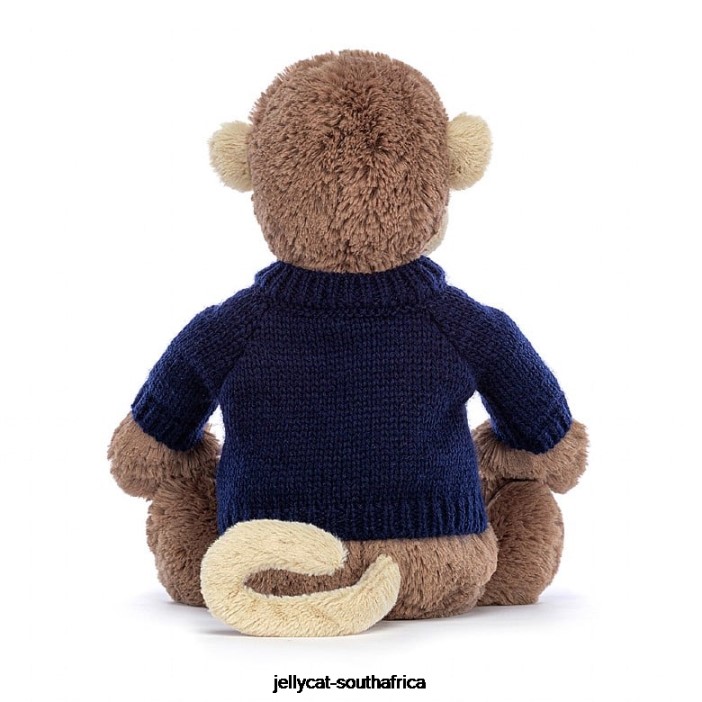 192 Toy Bashful Monkey with Personalised Navy Jumper Brown Jellycat