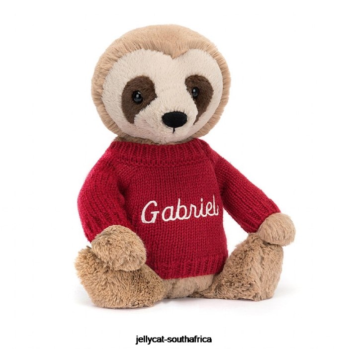 205 Toy Bashful Sloth with Personalised Red Jumper Tan Jellycat