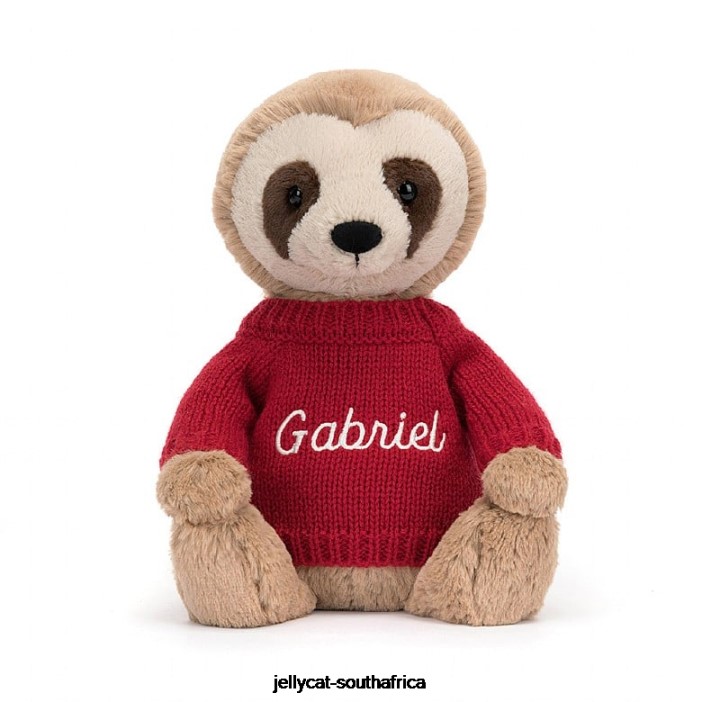 205 Toy Bashful Sloth with Personalised Red Jumper Tan Jellycat