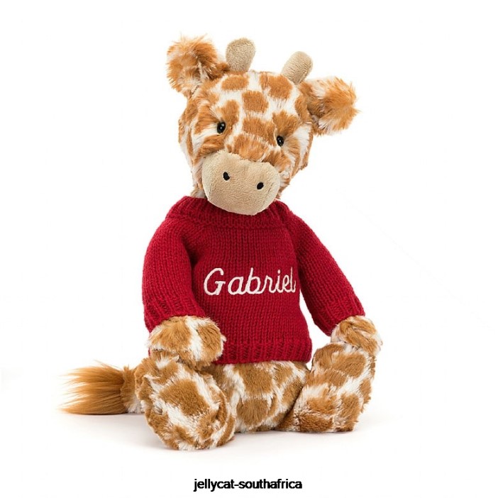 224 Toy Bashful Giraffe with Personalised Red Jumper Orange Jellycat