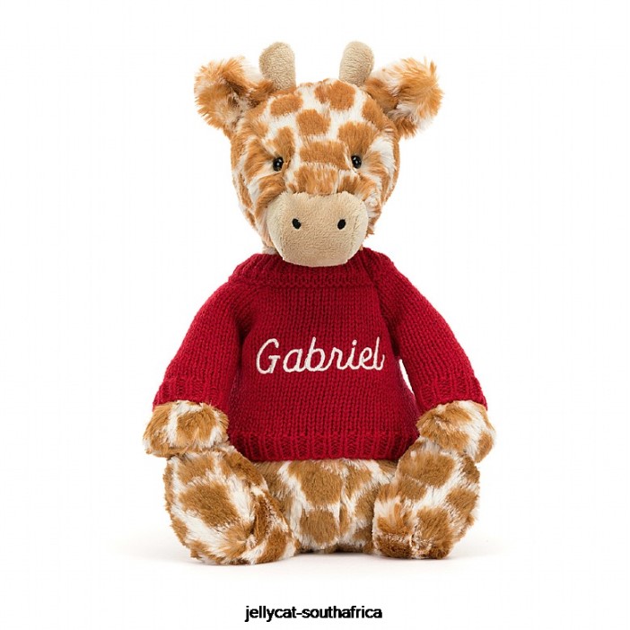 224 Toy Bashful Giraffe with Personalised Red Jumper Orange Jellycat