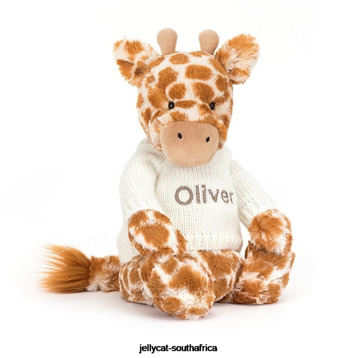 240 Toy Bashful Giraffe with Personalised Cream Jumper Orange Jellycat