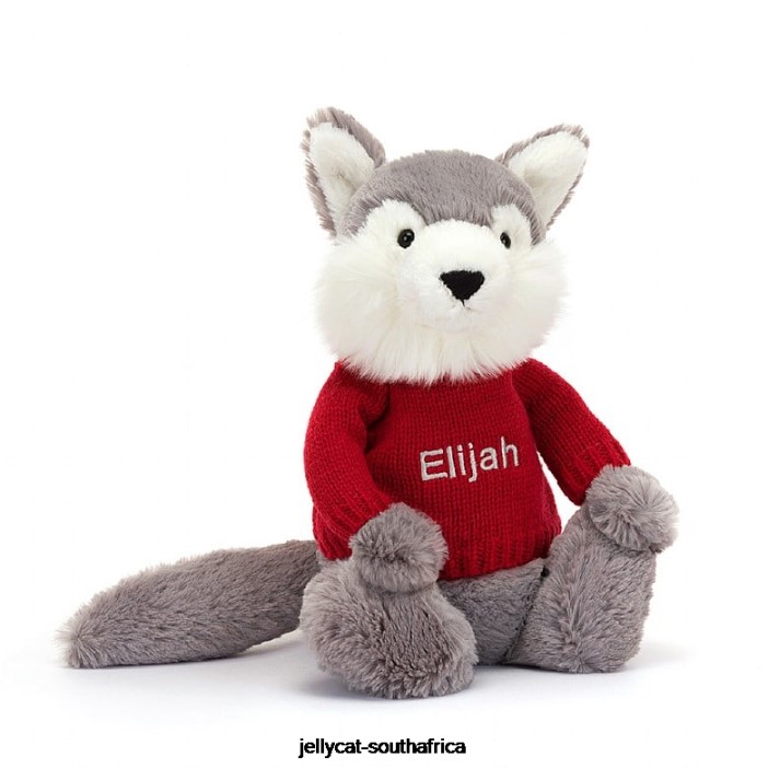 241 Toy Bashful Wolf with Personalised Red Jumper Grey and White Jellycat