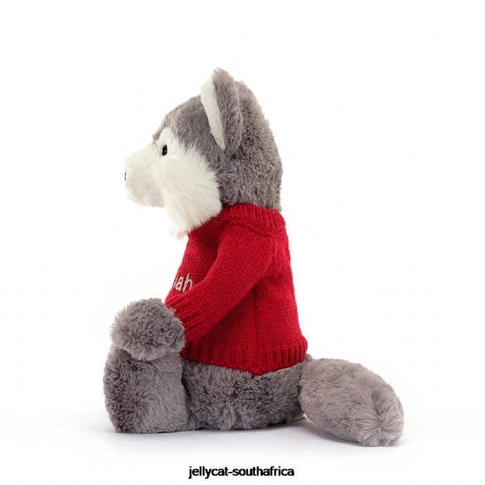 241 Toy Bashful Wolf with Personalised Red Jumper Grey and White Jellycat