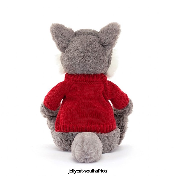 241 Toy Bashful Wolf with Personalised Red Jumper Grey and White Jellycat