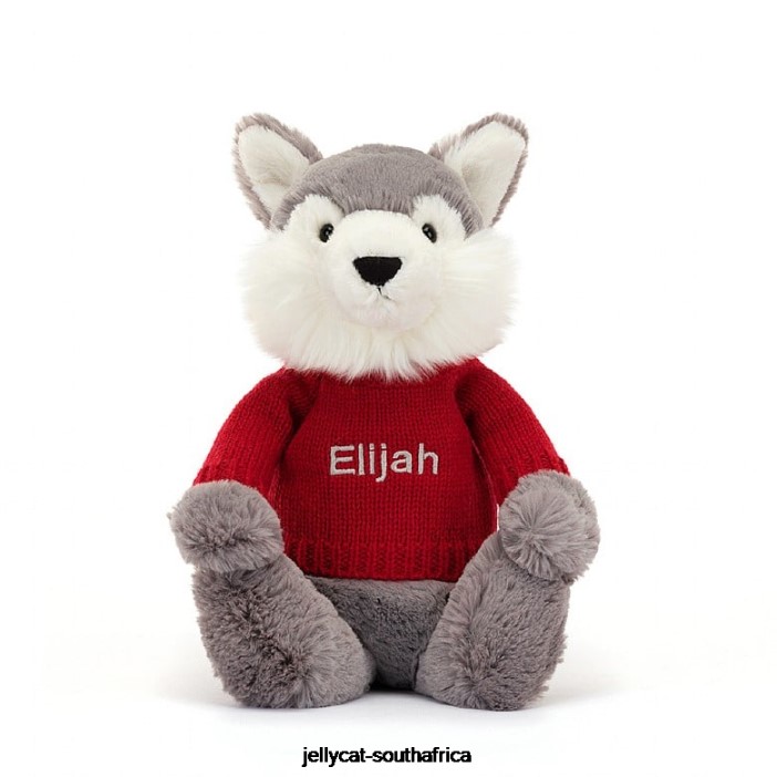 241 Toy Bashful Wolf with Personalised Red Jumper Grey and White Jellycat