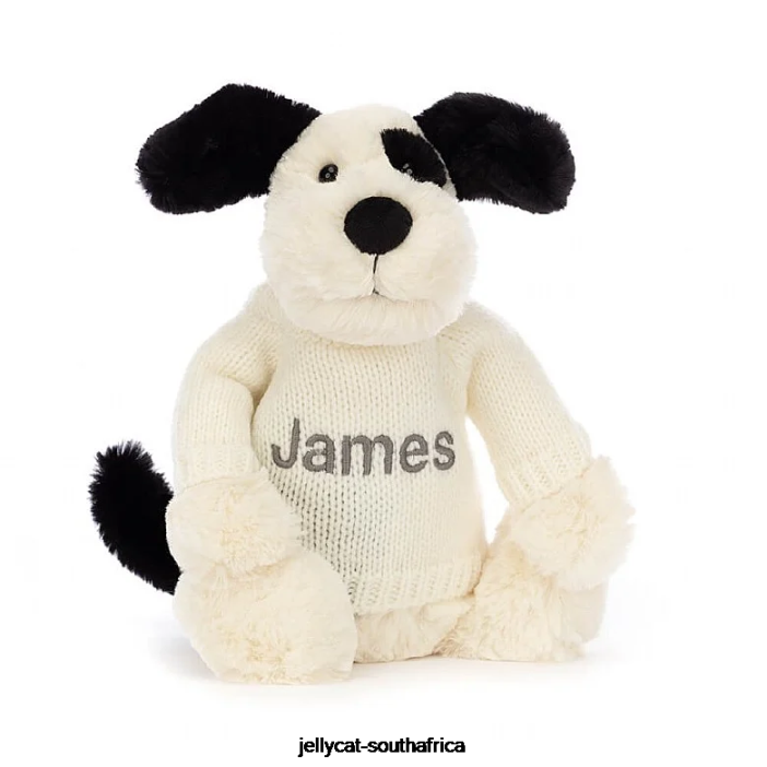 256 Toy Bashful Black & Cream Puppy with Personalised Cream Jumper Black and White Jellycat