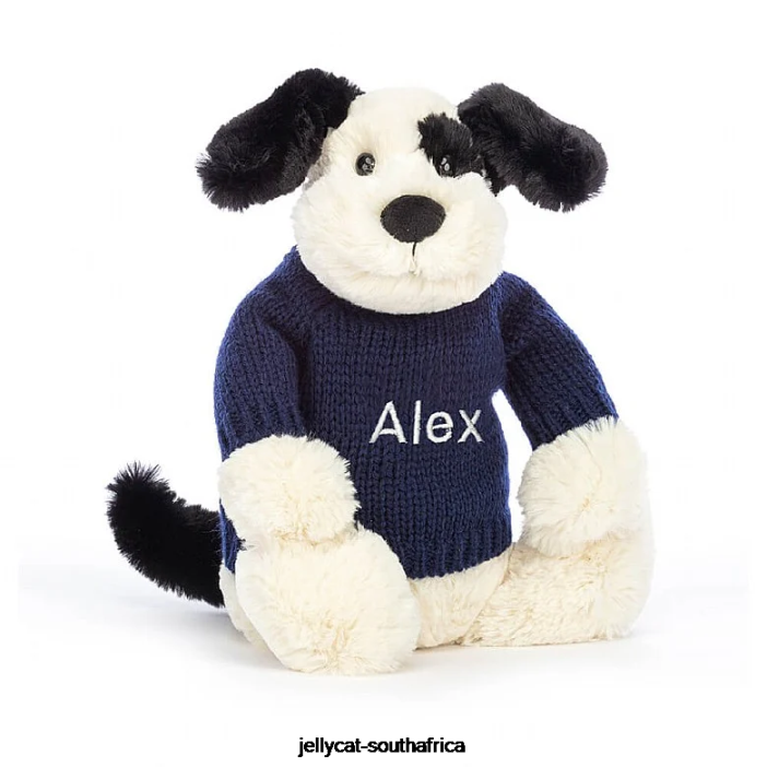282 Toy Bashful Black & Cream Puppy with Personalised Navy Jumper Black and White Jellycat
