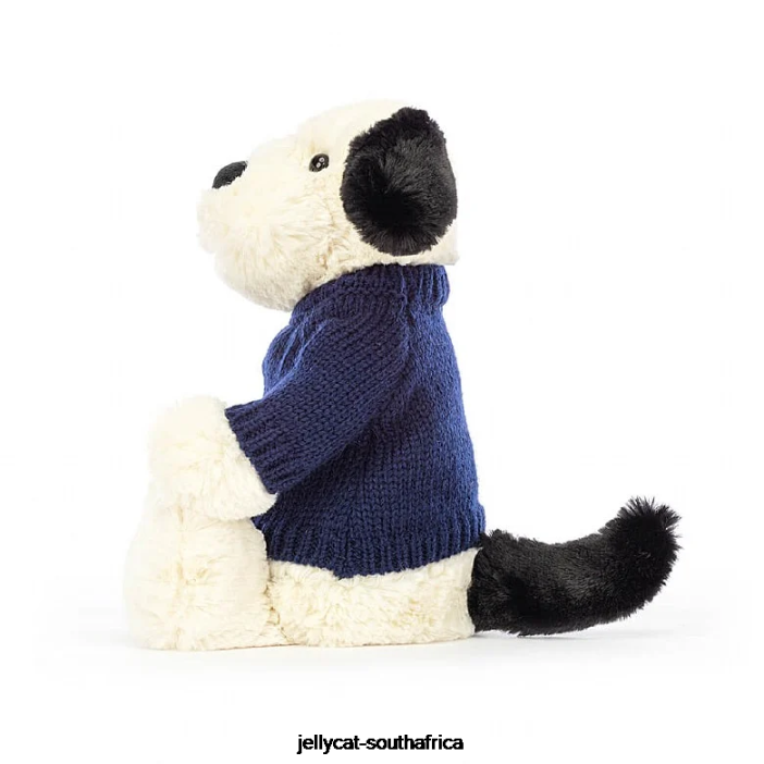 282 Toy Bashful Black & Cream Puppy with Personalised Navy Jumper Black and White Jellycat