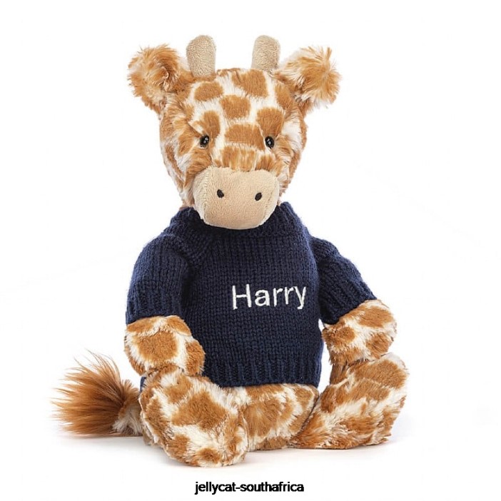 283 Toy Bashful Giraffe with Personalised Navy Jumper Orange Jellycat