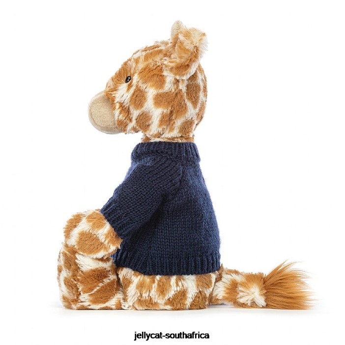283 Toy Bashful Giraffe with Personalised Navy Jumper Orange Jellycat