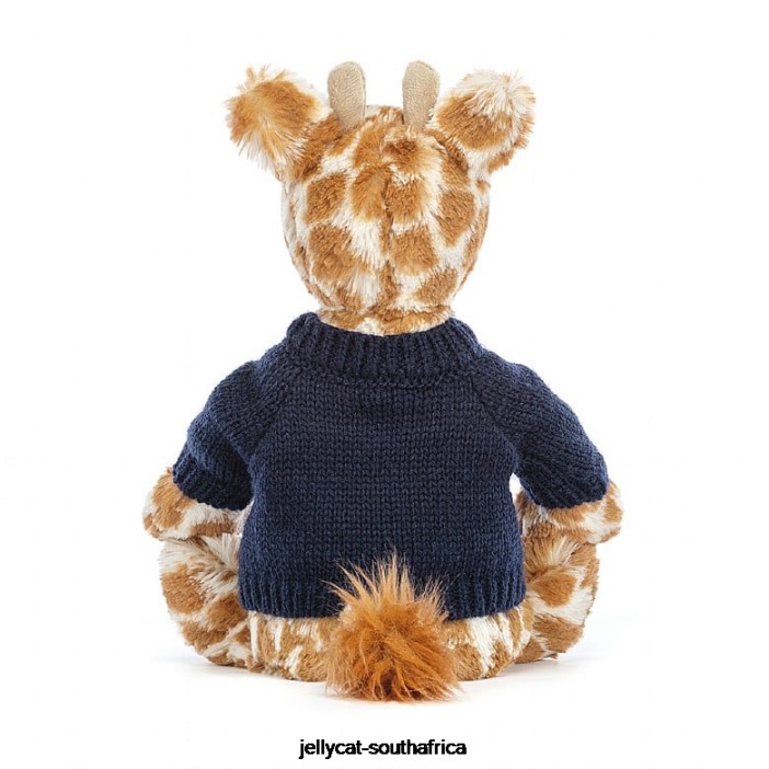 283 Toy Bashful Giraffe with Personalised Navy Jumper Orange Jellycat