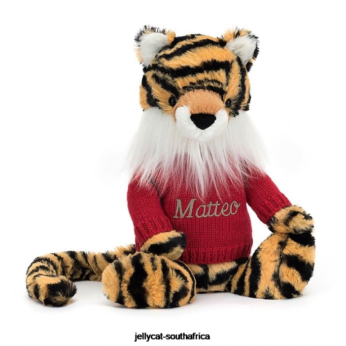 313 Toy Bashful Tiger with Personalised Red Jumper Multi-colour Jellycat