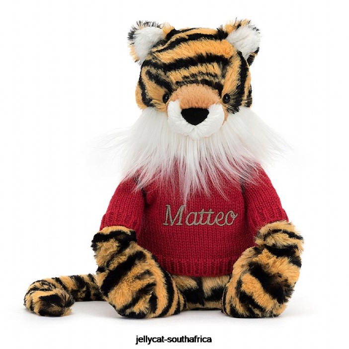 313 Toy Bashful Tiger with Personalised Red Jumper Multi-colour Jellycat