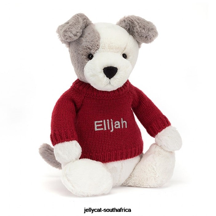 515 Toy Bashful Terrier with Personalised Red Jumper Grey and White Jellycat