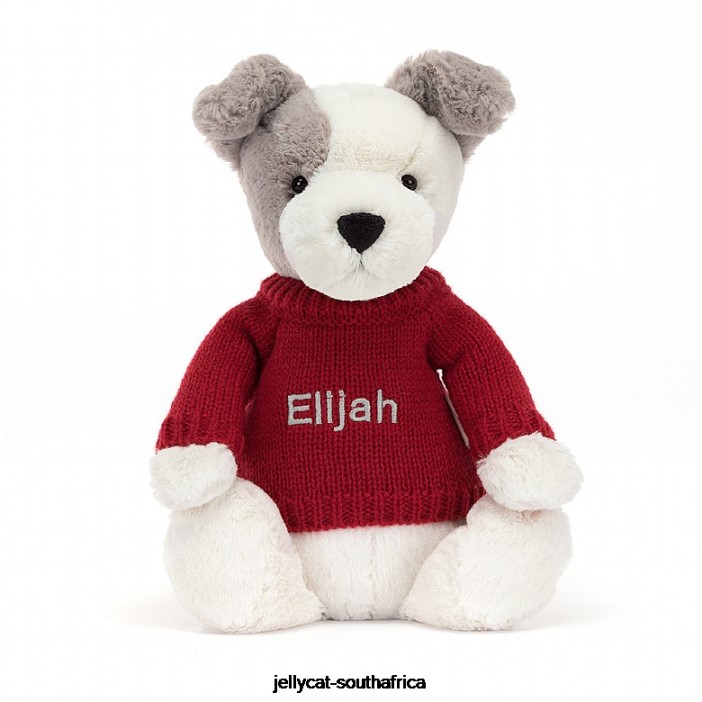 515 Toy Bashful Terrier with Personalised Red Jumper Grey and White Jellycat