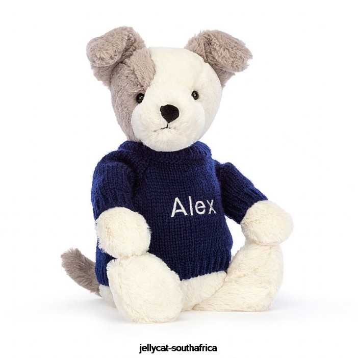 516 Toy Bashful Terrier with Personalised Navy Jumper Grey and White Jellycat