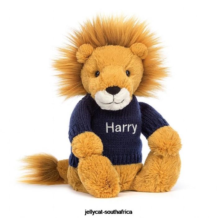 534 Toy Bashful Lion with Personalised Navy Jumper Yellow Jellycat