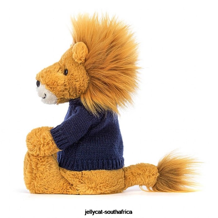 534 Toy Bashful Lion with Personalised Navy Jumper Yellow Jellycat