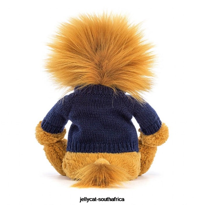 534 Toy Bashful Lion with Personalised Navy Jumper Yellow Jellycat