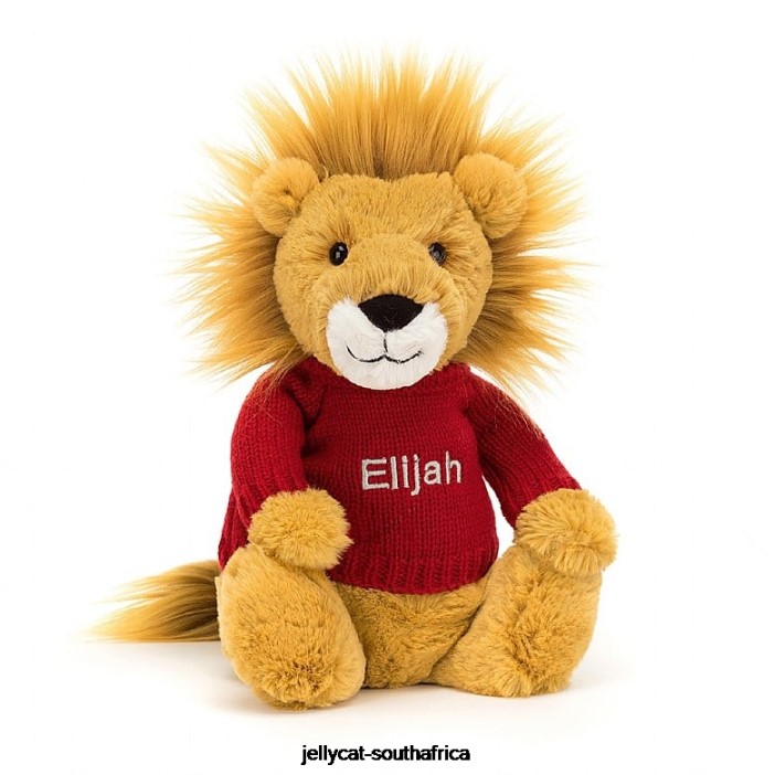 546 Toy Bashful Lion with Personalised Red Jumper Yellow Jellycat