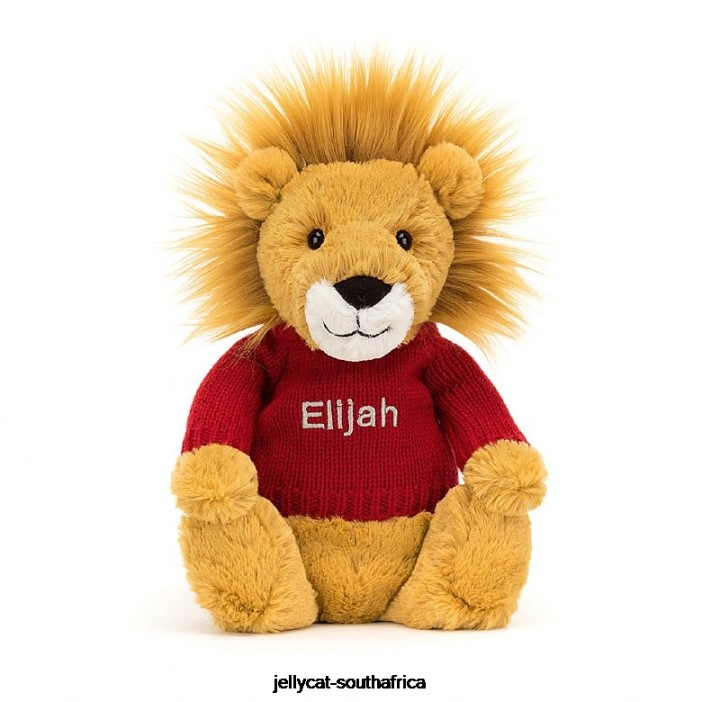 546 Toy Bashful Lion with Personalised Red Jumper Yellow Jellycat