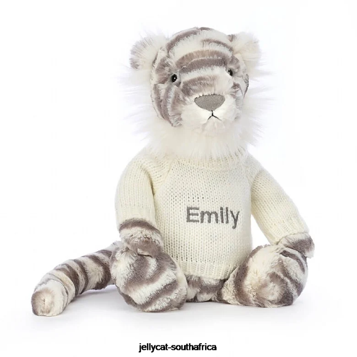 578 Toy Bashful Snow Tiger with Personalised Cream Jumper Grey and White Jellycat