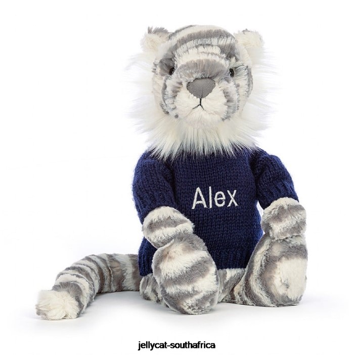 579 Toy Bashful Snow Tiger with Personalised Navy Jumper Grey and White Jellycat