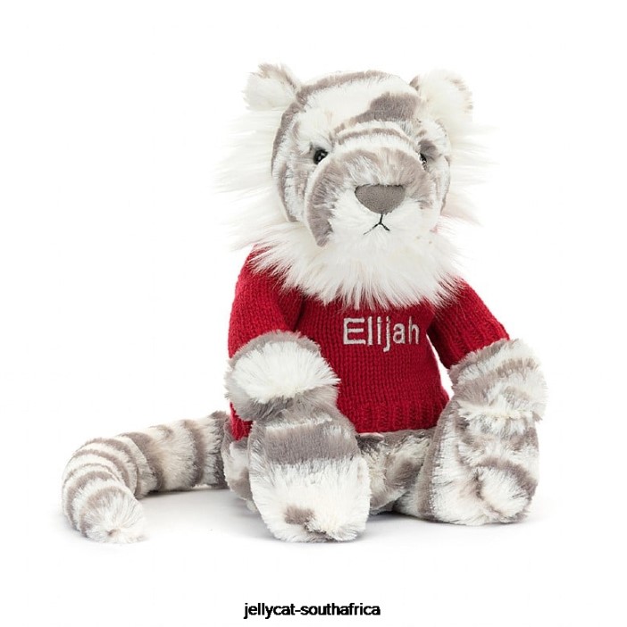 581 Toy Bashful Snow Tiger with Personalised Red Jumper Grey and White Jellycat