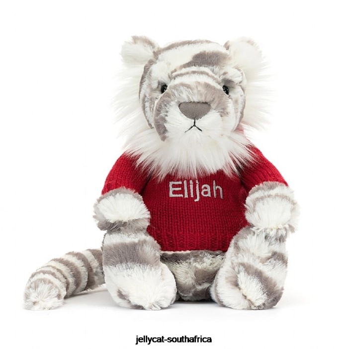 581 Toy Bashful Snow Tiger with Personalised Red Jumper Grey and White Jellycat