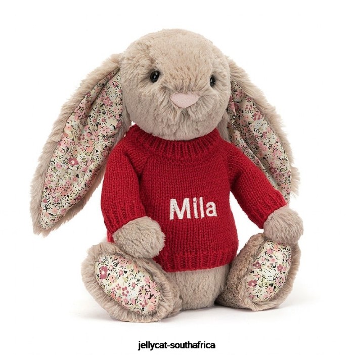 334 Toy Blossom Bea Bunny with Personalised Red Jumper Beige Jellycat