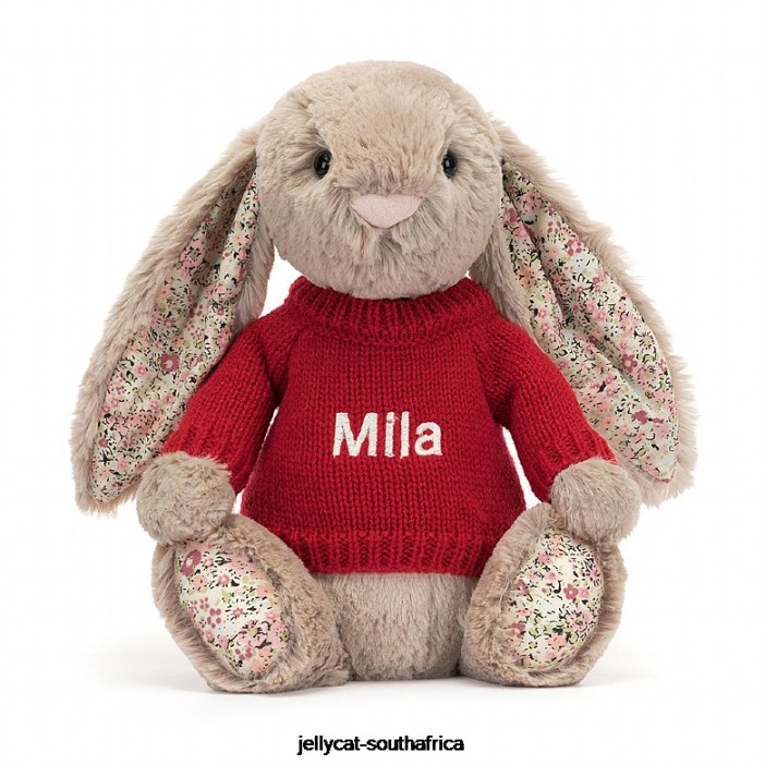 334 Toy Blossom Bea Bunny with Personalised Red Jumper Beige Jellycat