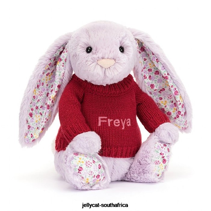 399 Toy Blossom Jasmine Bunny with Personalised Red Jumper Purple Jellycat