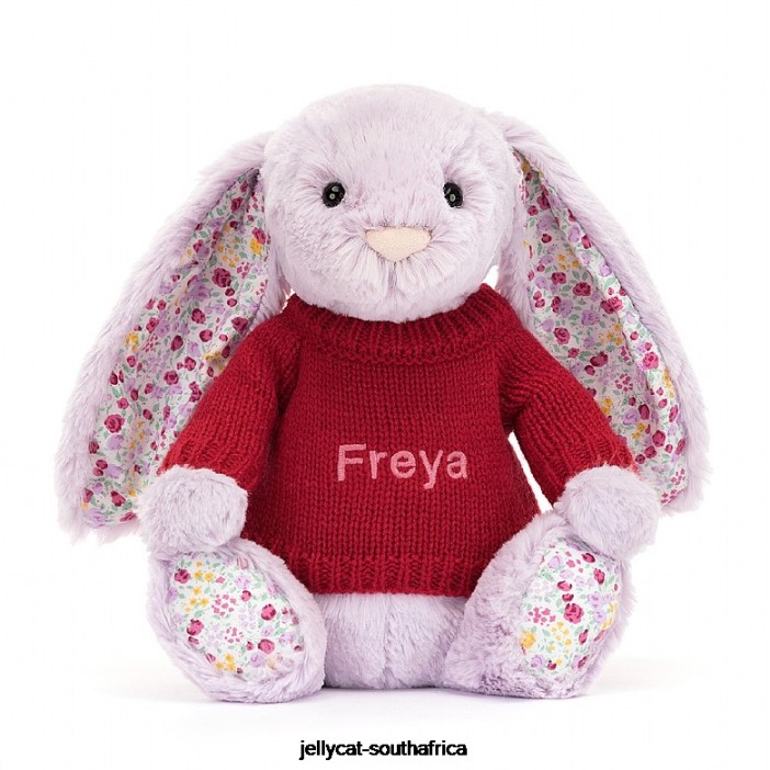 399 Toy Blossom Jasmine Bunny with Personalised Red Jumper Purple Jellycat