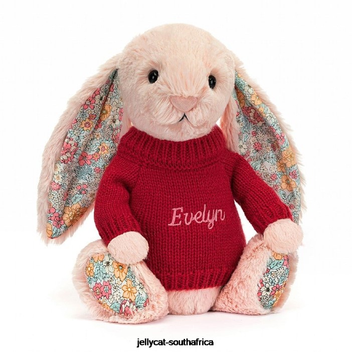 425 Toy Blossom Blush Bunny with Personalised Red Jumper Peach Jellycat
