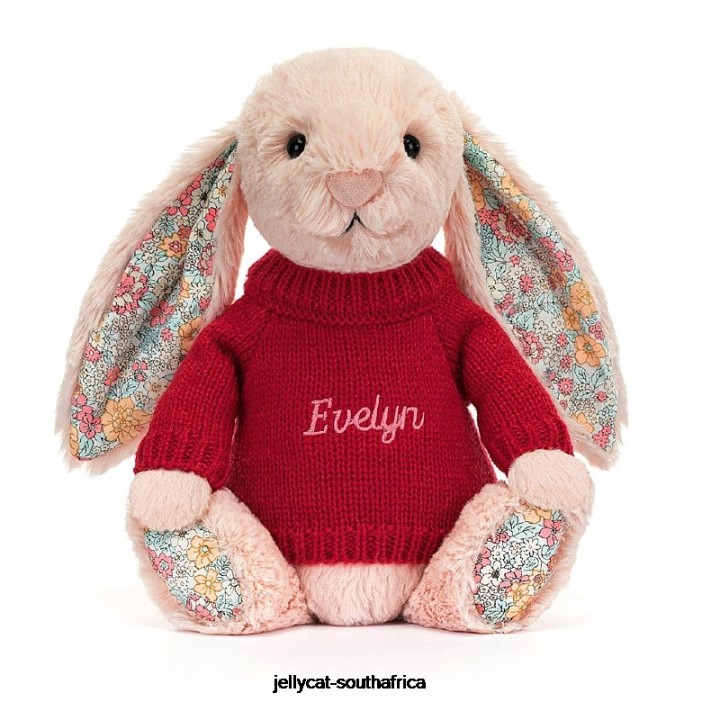 425 Toy Blossom Blush Bunny with Personalised Red Jumper Peach Jellycat