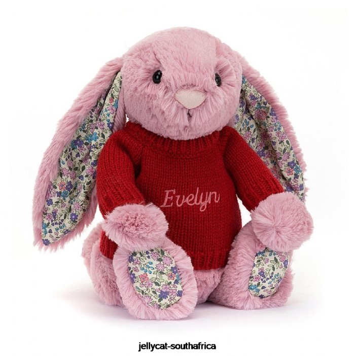 430 Toy Blossom Tulip Bunny with Personalised Red Jumper Pink Jellycat