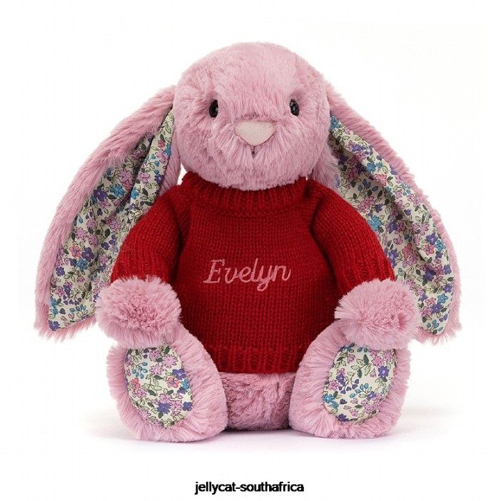 430 Toy Blossom Tulip Bunny with Personalised Red Jumper Pink Jellycat