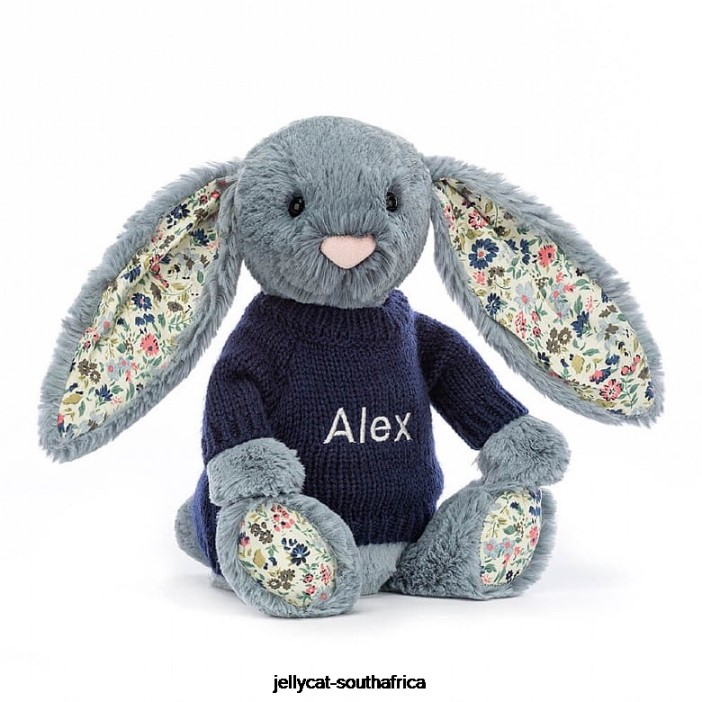 436 Toy Blossom Dusky with Personalised Navy Jumper Blue Jellycat