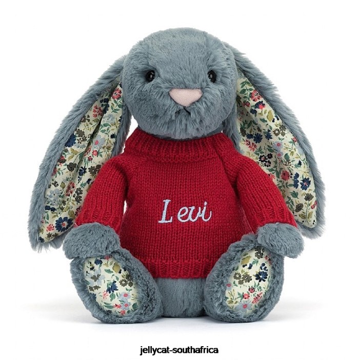 474 Toy Blossom Dusky Bunny with Personalised Red Jumper Blue Jellycat