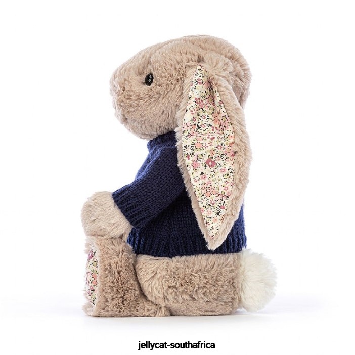 480 Toy Blossom Bea Bunny with Personalised Navy Jumper Beige Jellycat