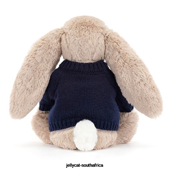 480 Toy Blossom Bea Bunny with Personalised Navy Jumper Beige Jellycat
