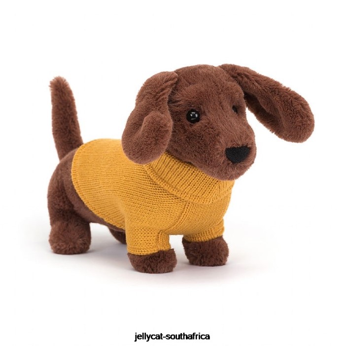 210 Toy Sweater Sausage Dog Yellow Brown Jellycat